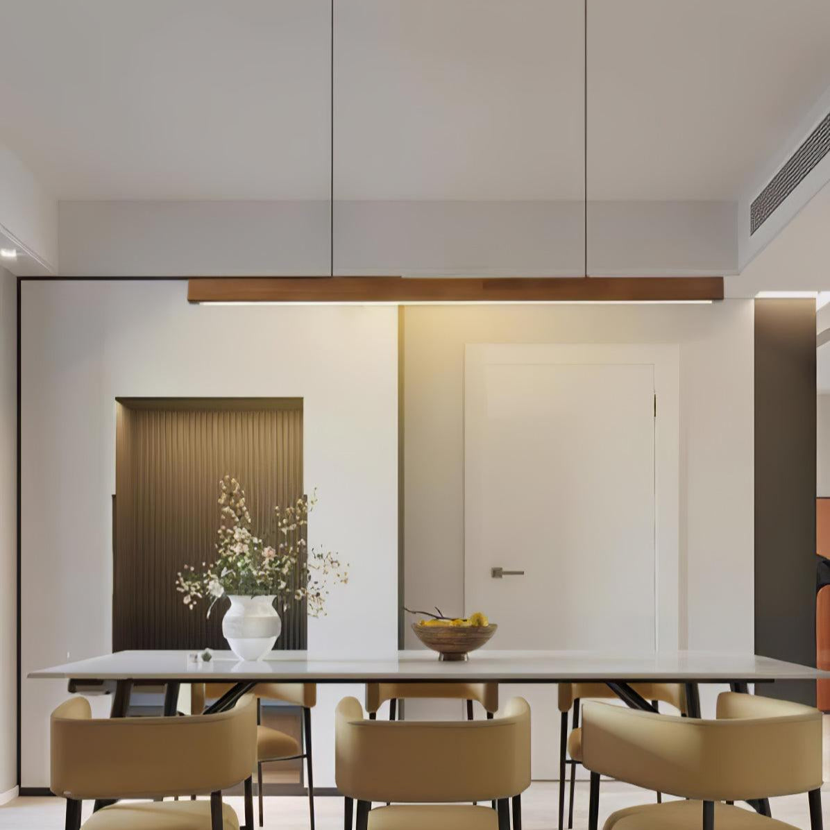 Pendant Light Wood Linear Integrated LED Natural Dining Table Kitchen Island Hanging Ceiling Lamp Japandi Scandinavian | Thomler