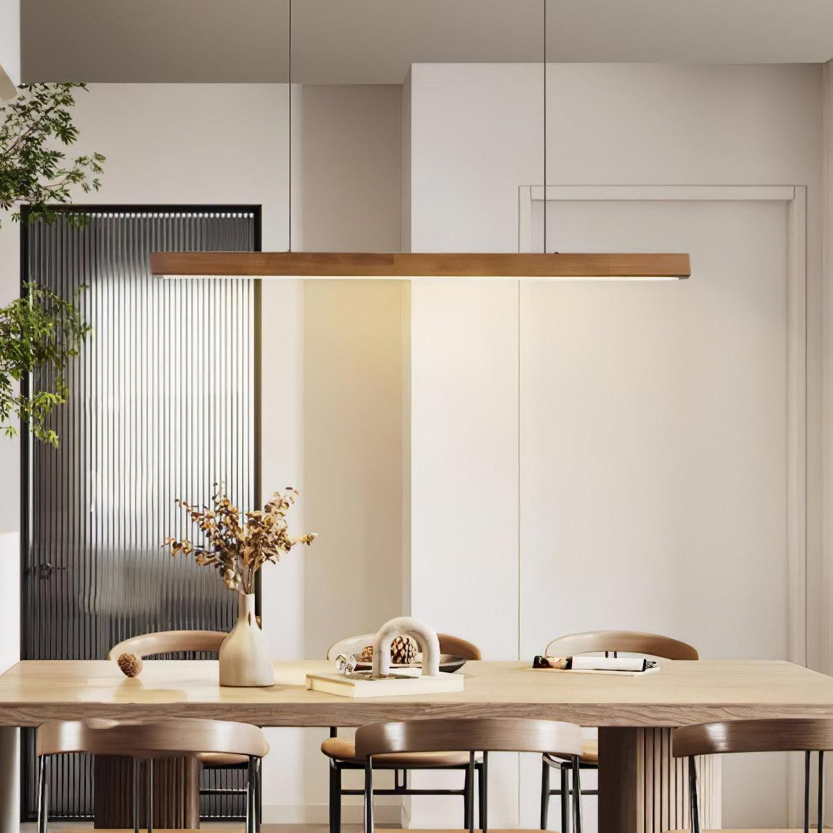 Pendant Light Wood Linear Integrated LED Natural Dining Table Kitchen Island Hanging Ceiling Lamp Japandi Scandinavian | Thomler