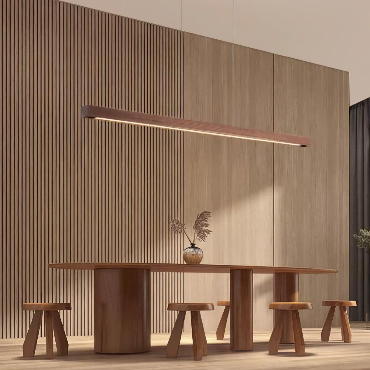 Pendant Light Wood Linear Integrated LED Natural Dining Table Kitchen Island Hanging Ceiling Lamp Japandi Scandinavian | Thomler