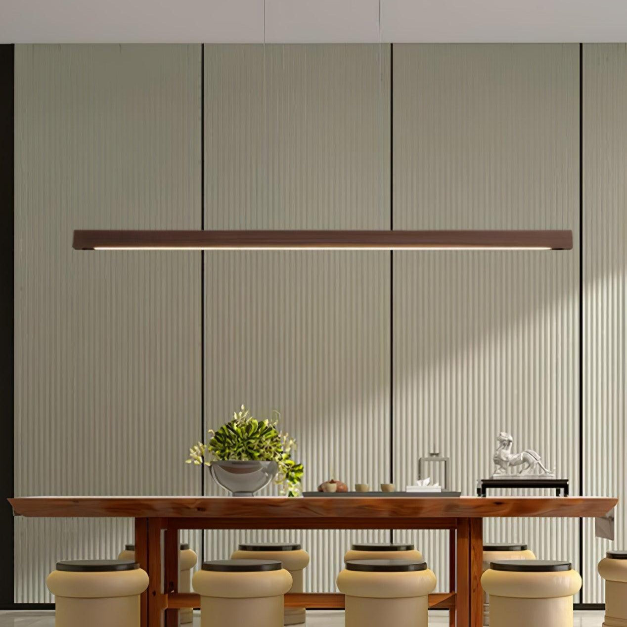 Pendant Light Wood Linear Integrated LED Natural Dining Table Kitchen Island Hanging Ceiling Lamp Japandi Scandinavian | Thomler