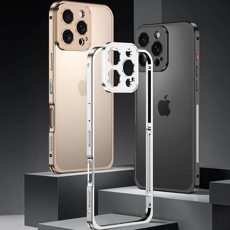 Aluminum Bumper Case for iPhone with Ventilation Grills & Detachable Lens Shield – Shock-Absorbing Frame for 12 Pro Max to 17 Series | Thomler