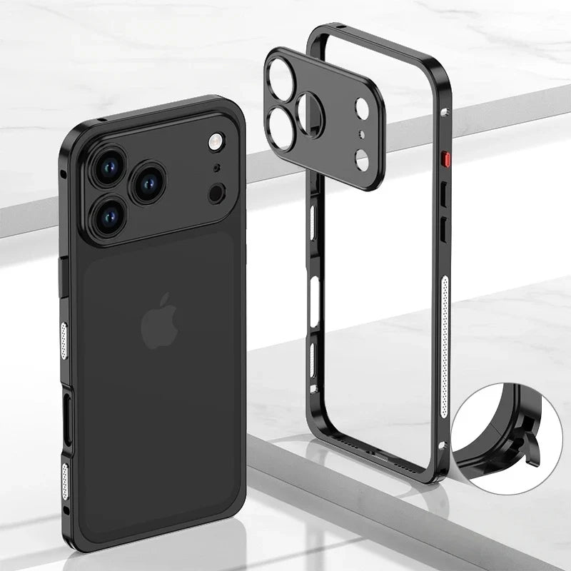 Aluminum Bumper Case for iPhone with Ventilation Grills & Detachable Lens Shield – Shock-Absorbing Frame for 12 Pro Max to 17 Series | Thomler