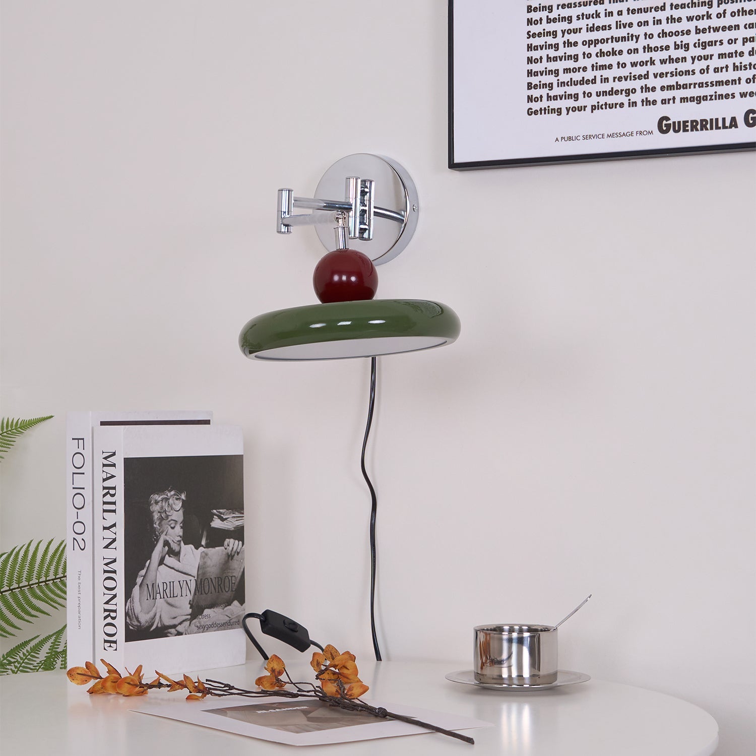 Metal Plug-In Wall Lamp 7.9 in x 4.7 in Warm Glow Indoor Accent Lighting Chrome Green Beige | Thomler