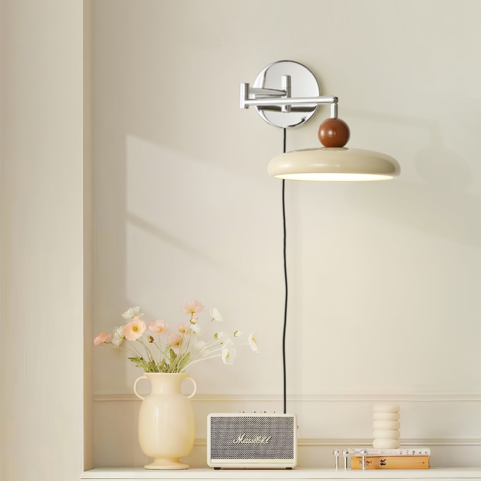 Metal Plug-In Wall Lamp 7.9 in x 4.7 in Warm Glow Indoor Accent Lighting Chrome Green Beige | Thomler