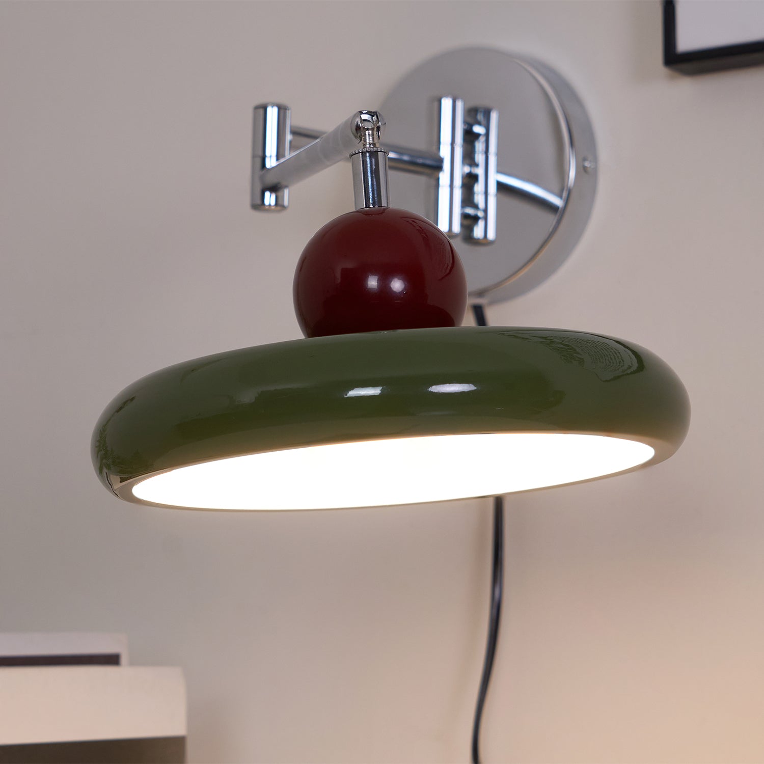 Metal Plug-In Wall Lamp 7.9 in x 4.7 in Warm Glow Indoor Accent Lighting Chrome Green Beige | Thomler