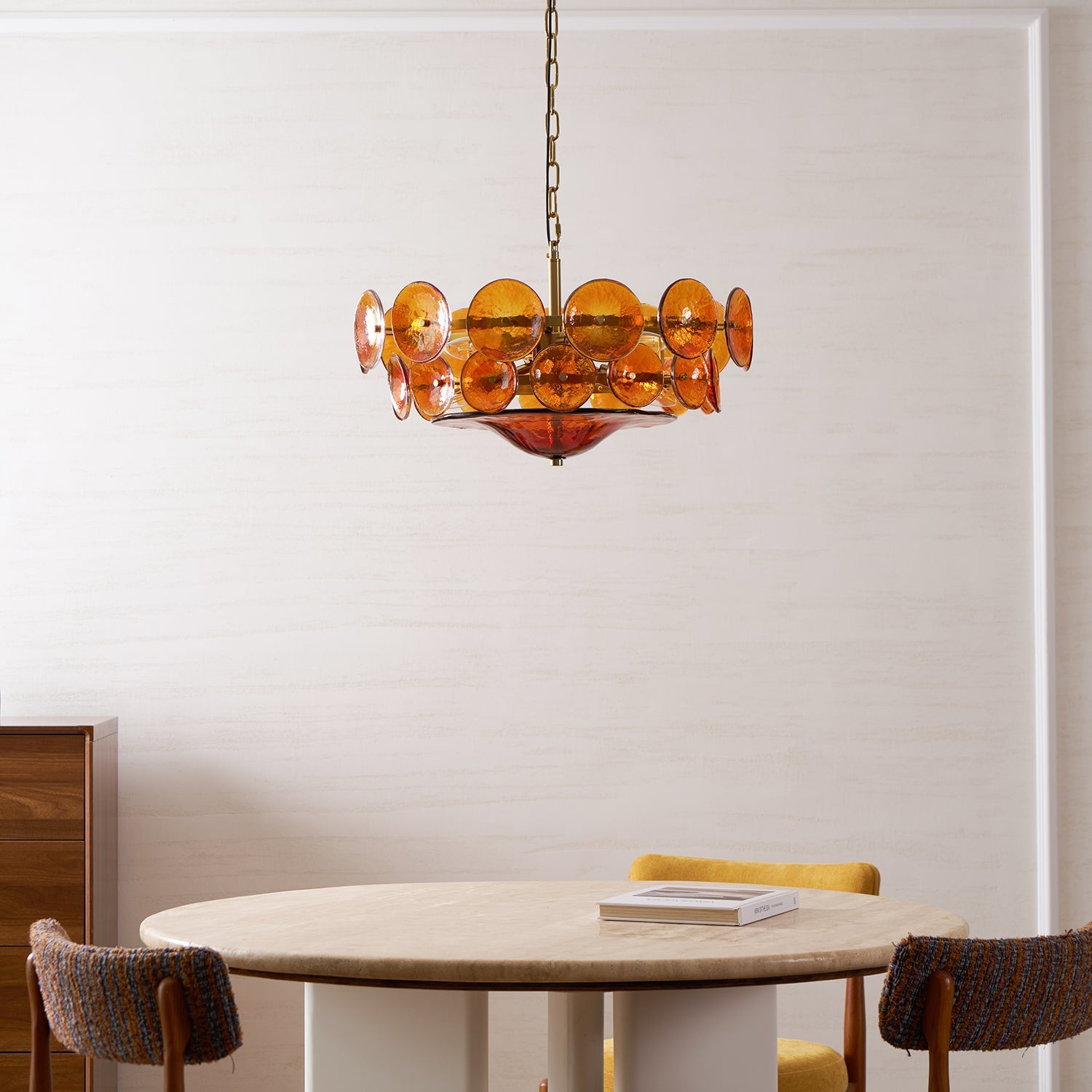 Chandelier Glass Circular Disc 23.6 in Orange Indoor Dining Living Room Lighting Fixture Vintage Modern Pendant | Thomler