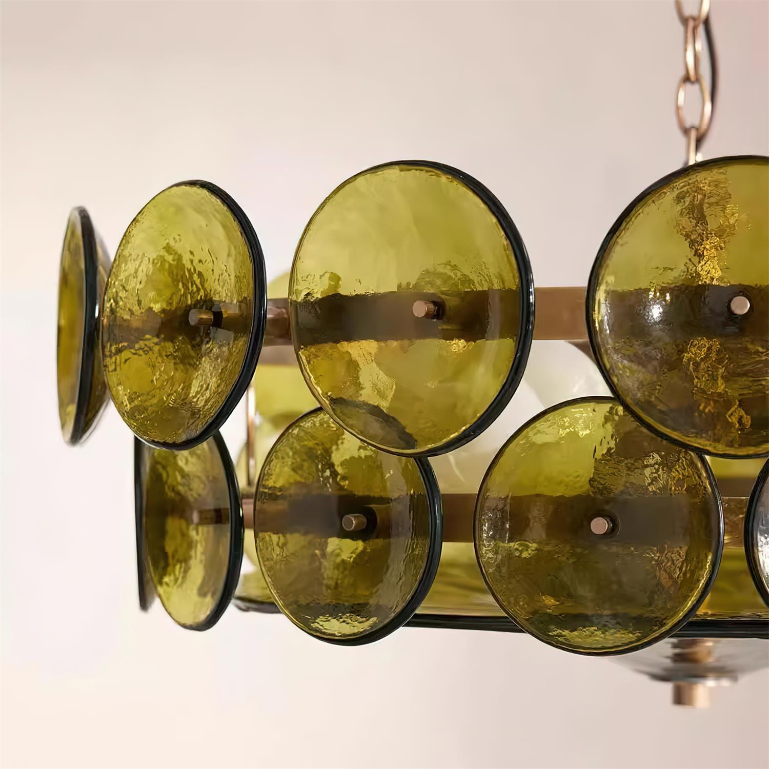 Pendant Light Glass Disc Adjustable Chain Amber Dining Room Living Room Brass Hanging Ceiling Statement Lamp | Thomler