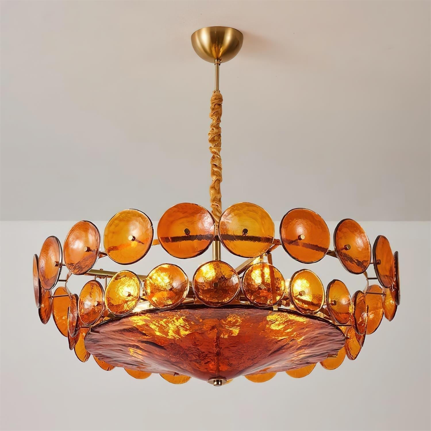Pendant Light Glass Disc Adjustable Chain Amber Dining Room Living Room Brass Hanging Ceiling Statement Lamp | Thomler