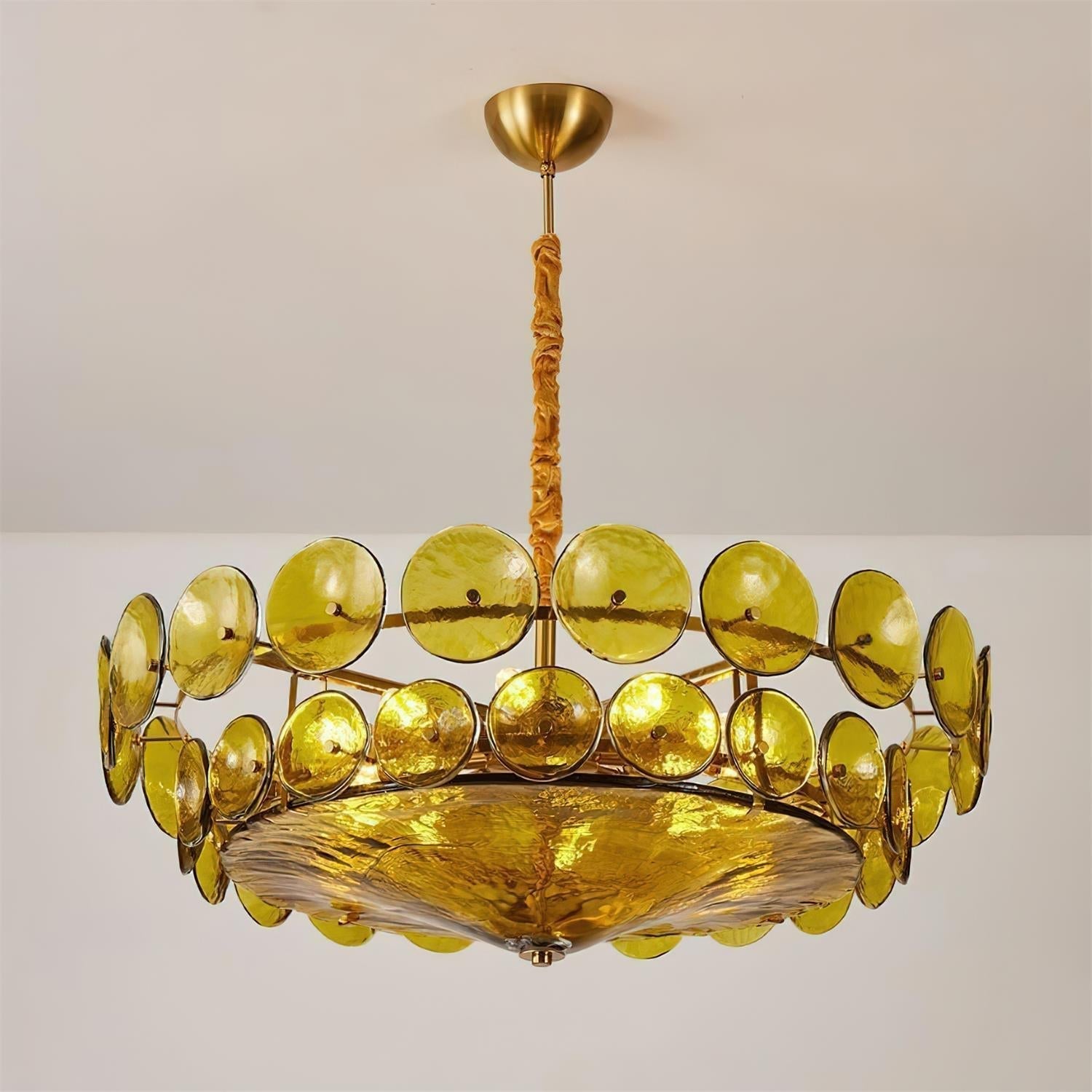 Pendant Light Glass Disc Adjustable Chain Amber Dining Room Living Room Brass Hanging Ceiling Statement Lamp | Thomler