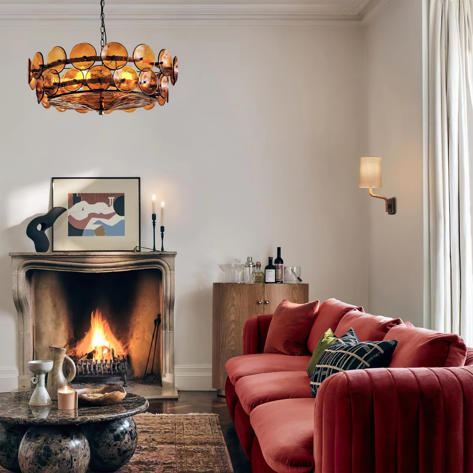 Chandelier Glass Circular Disc 23.6 in Orange Indoor Dining Living Room Lighting Fixture Vintage Modern Pendant | Thomler