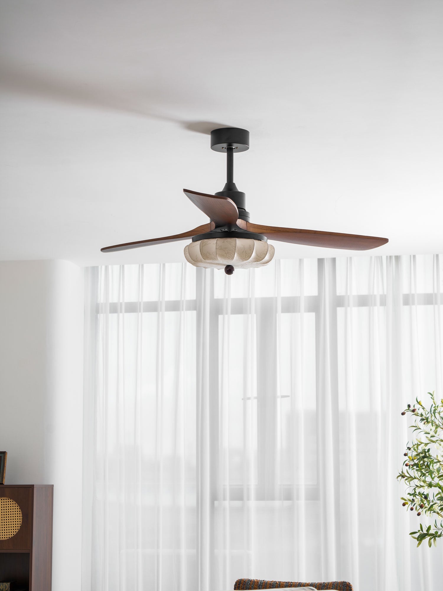 Fabric Ceiling Fan Light 36–52 in Adjustable Walnut Wood Blades Indoor Dining Living Room Bedroom Lighting | Thomler