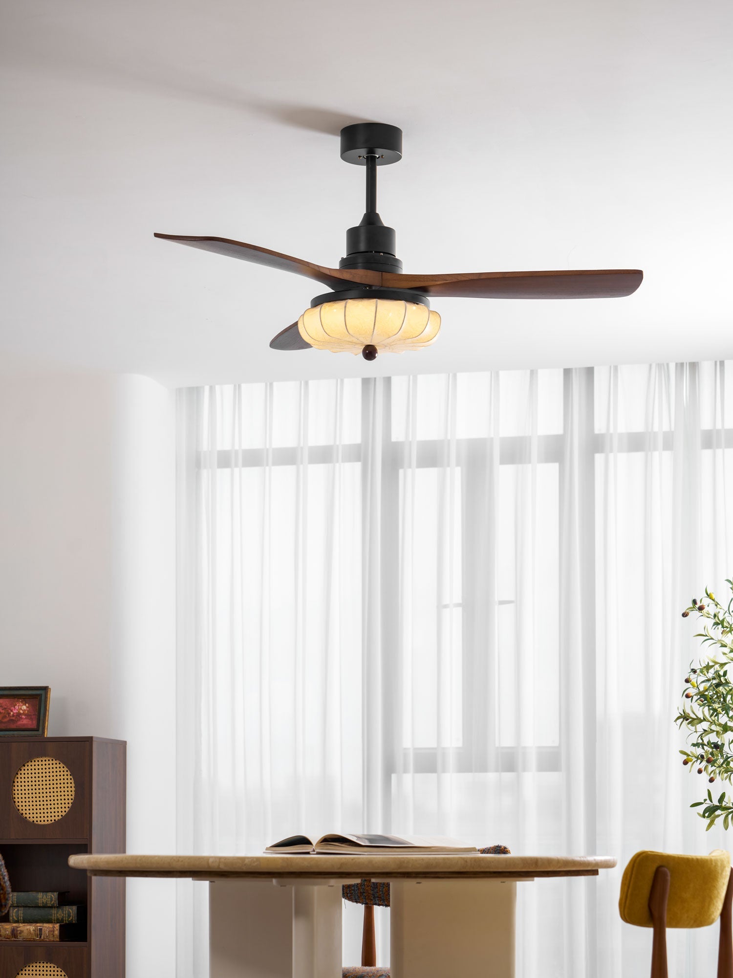 Fabric Ceiling Fan Light 36–52 in Adjustable Walnut Wood Blades Indoor Dining Living Room Bedroom Lighting | Thomler