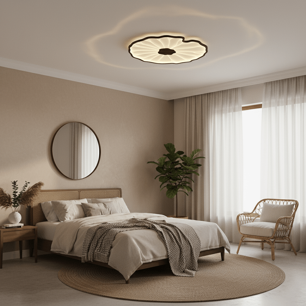 Lotus Leaf Flush Mount Light 11.8 in Acrylic Metal Ceiling Fixture Walnut Natural Wood Indoor Lighting | Thomler
