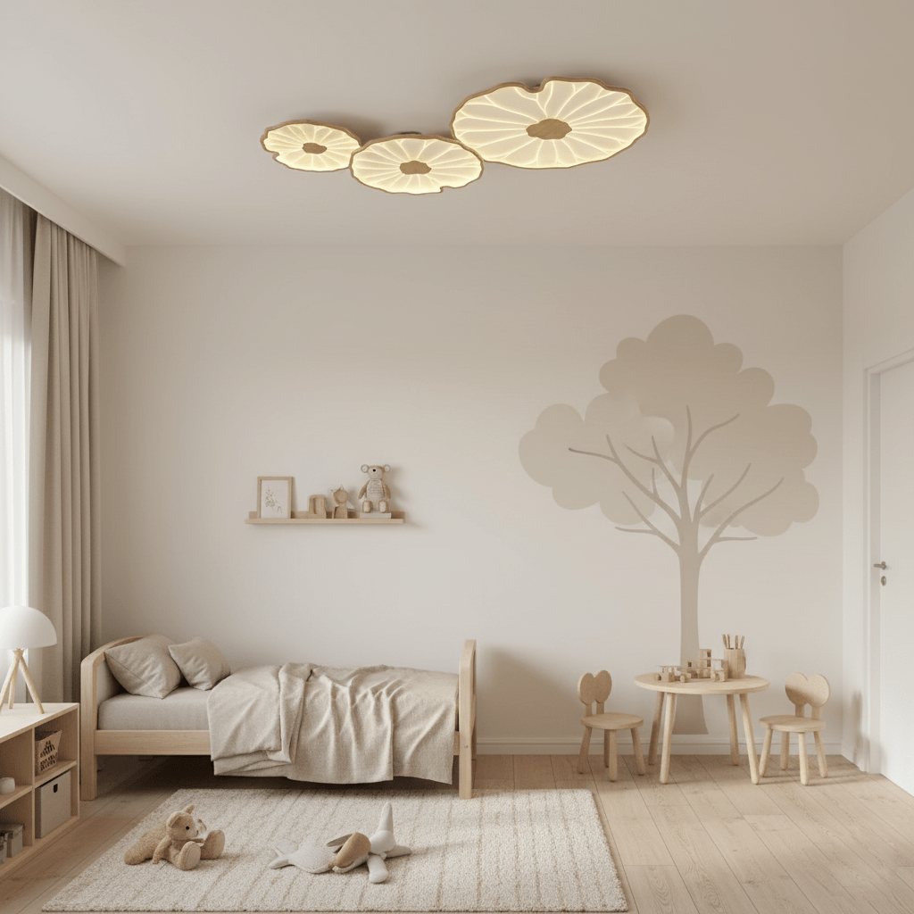 Lotus Leaf Flush Mount Light 11.8 in Acrylic Metal Ceiling Fixture Walnut Natural Wood Indoor Lighting | Thomler