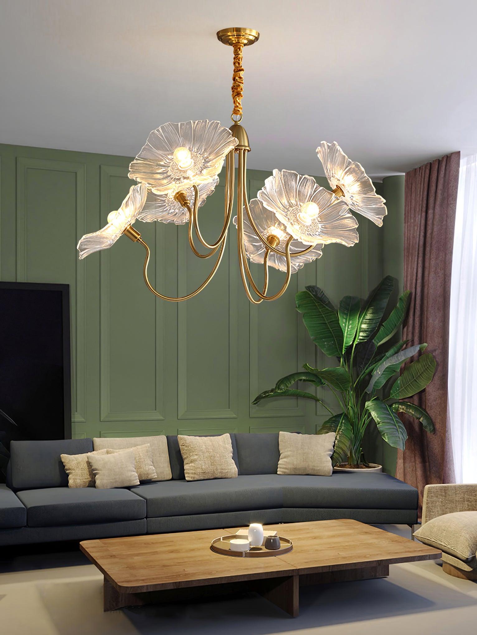 Leaf-Shaped Frosted Glass Chandelier 35.4 in x 21.7 in Gold Indoor Ceiling Lighting Dining Room Living Room | Thomler