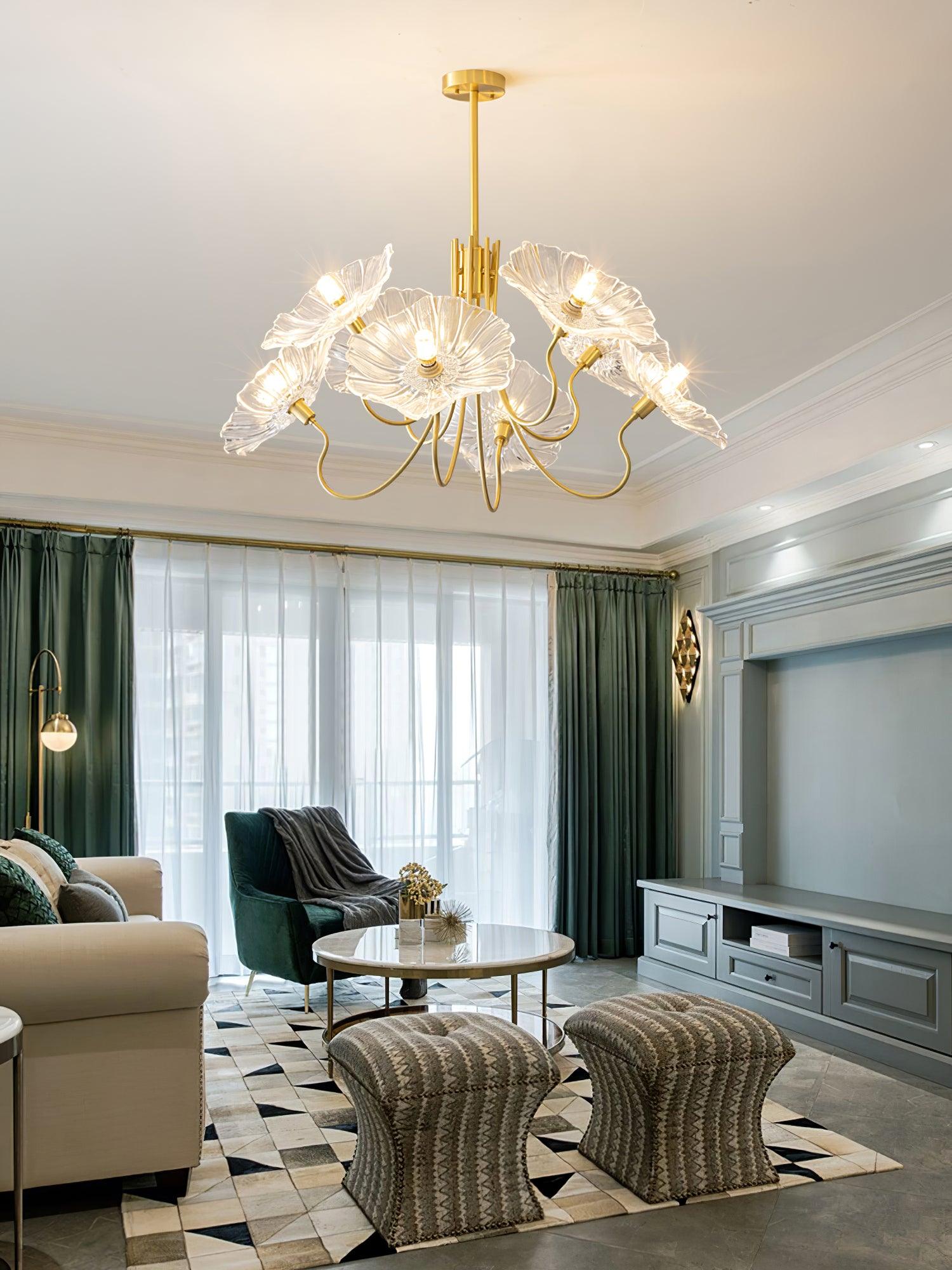 Leaf-Shaped Frosted Glass Chandelier 35.4 in x 21.7 in Gold Indoor Ceiling Lighting Dining Room Living Room | Thomler
