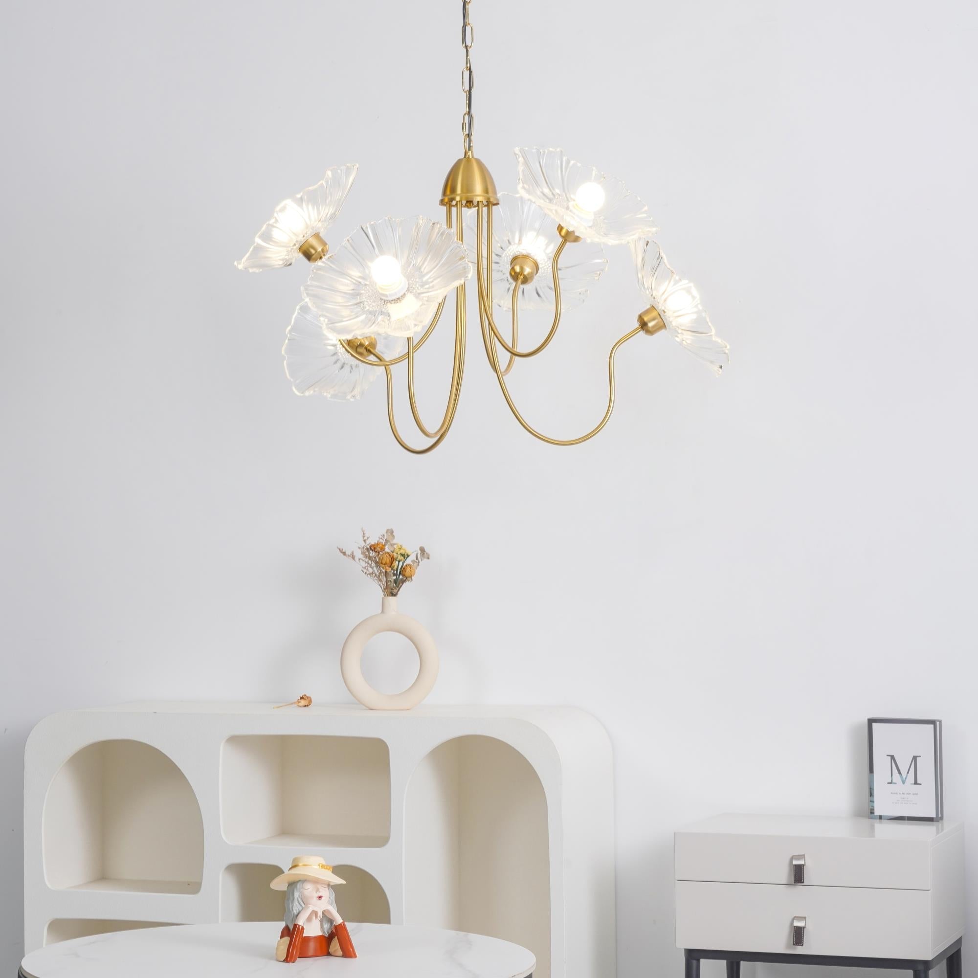 Leaf-Shaped Frosted Glass Chandelier 35.4 in x 21.7 in Gold Indoor Ceiling Lighting Dining Room Living Room | Thomler