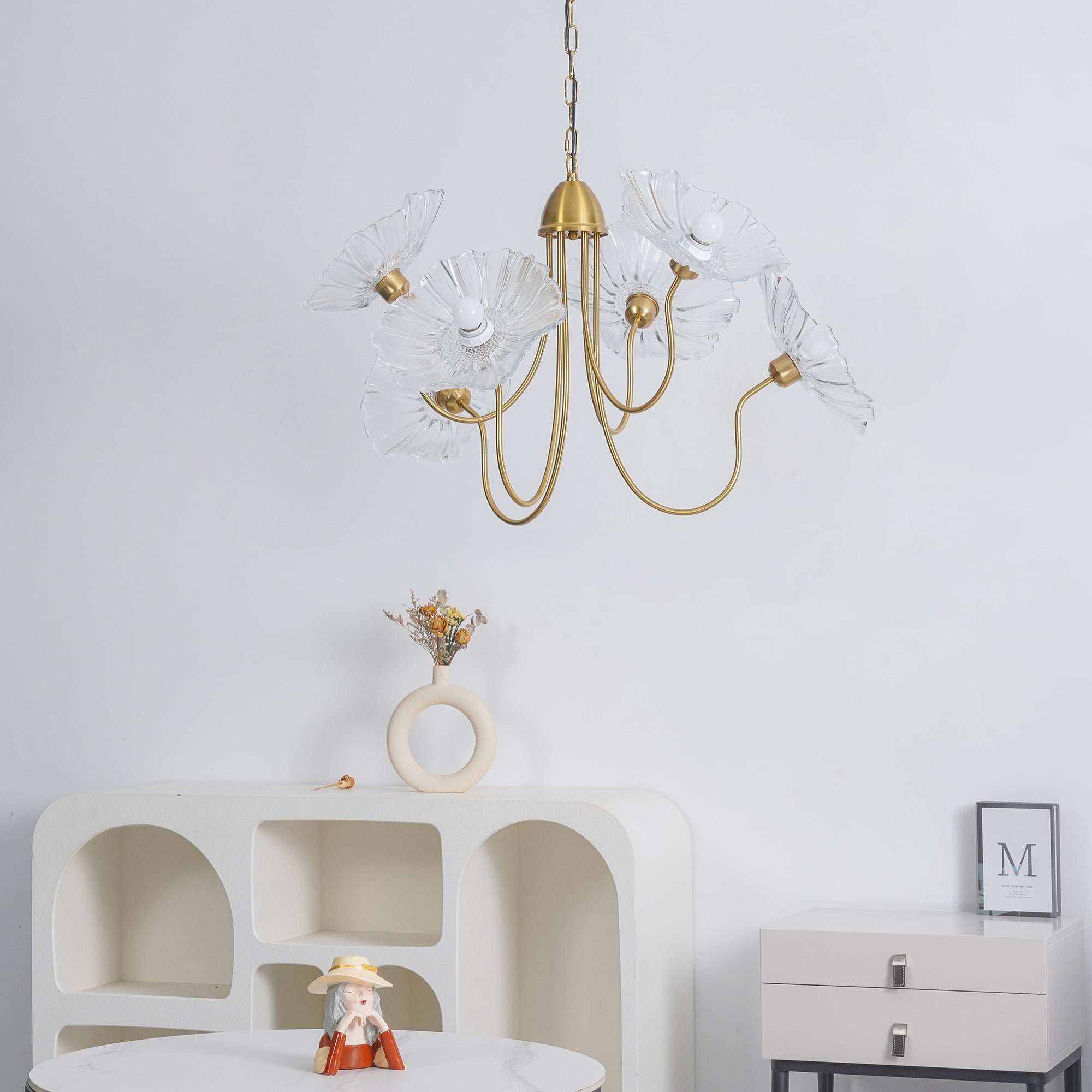 Leaf-Shaped Frosted Glass Chandelier 35.4 in x 21.7 in Gold Indoor Ceiling Lighting Dining Room Living Room | Thomler