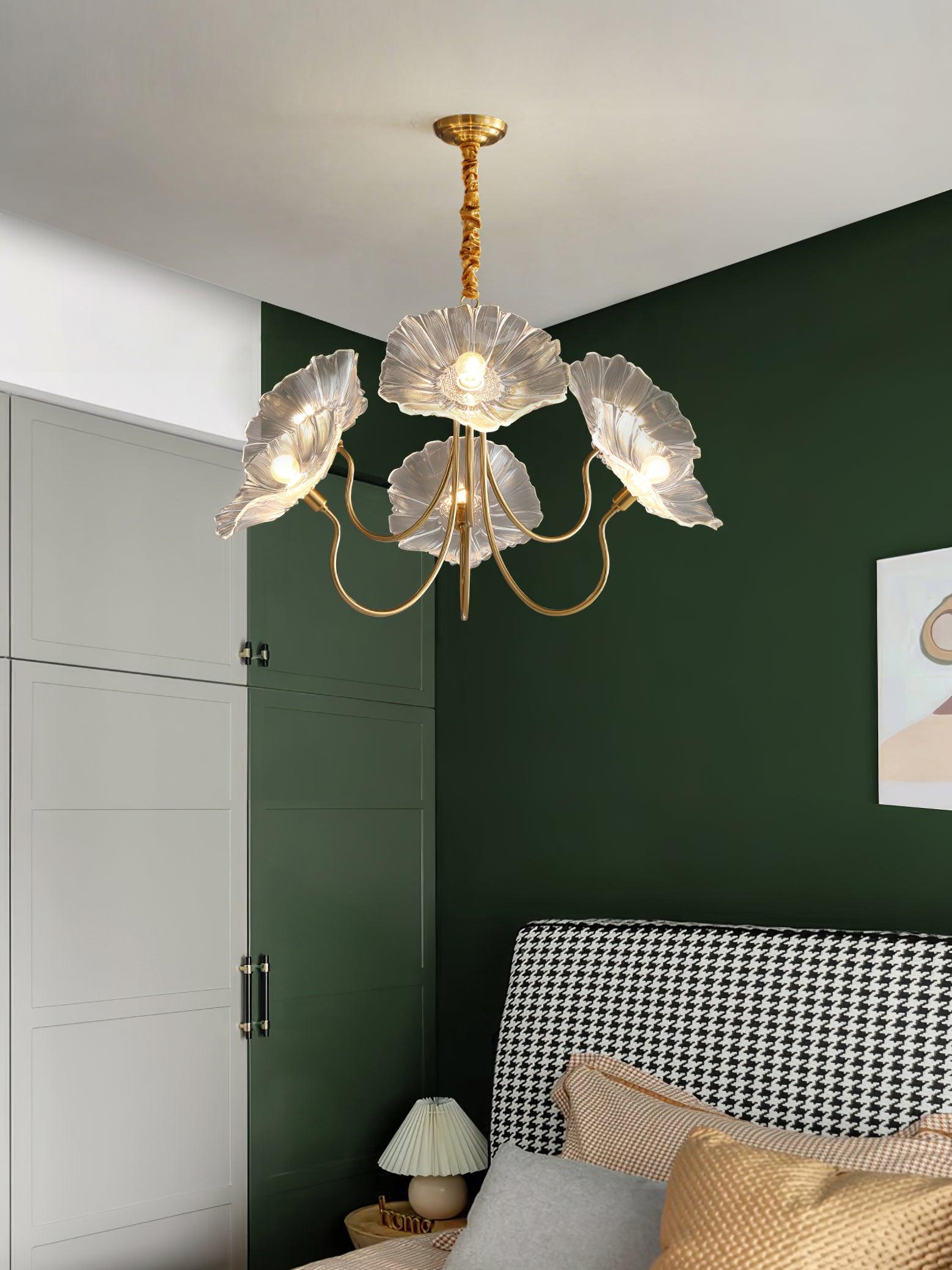 Leaf-Shaped Frosted Glass Chandelier 35.4 in x 21.7 in Gold Indoor Ceiling Lighting Dining Room Living Room | Thomler