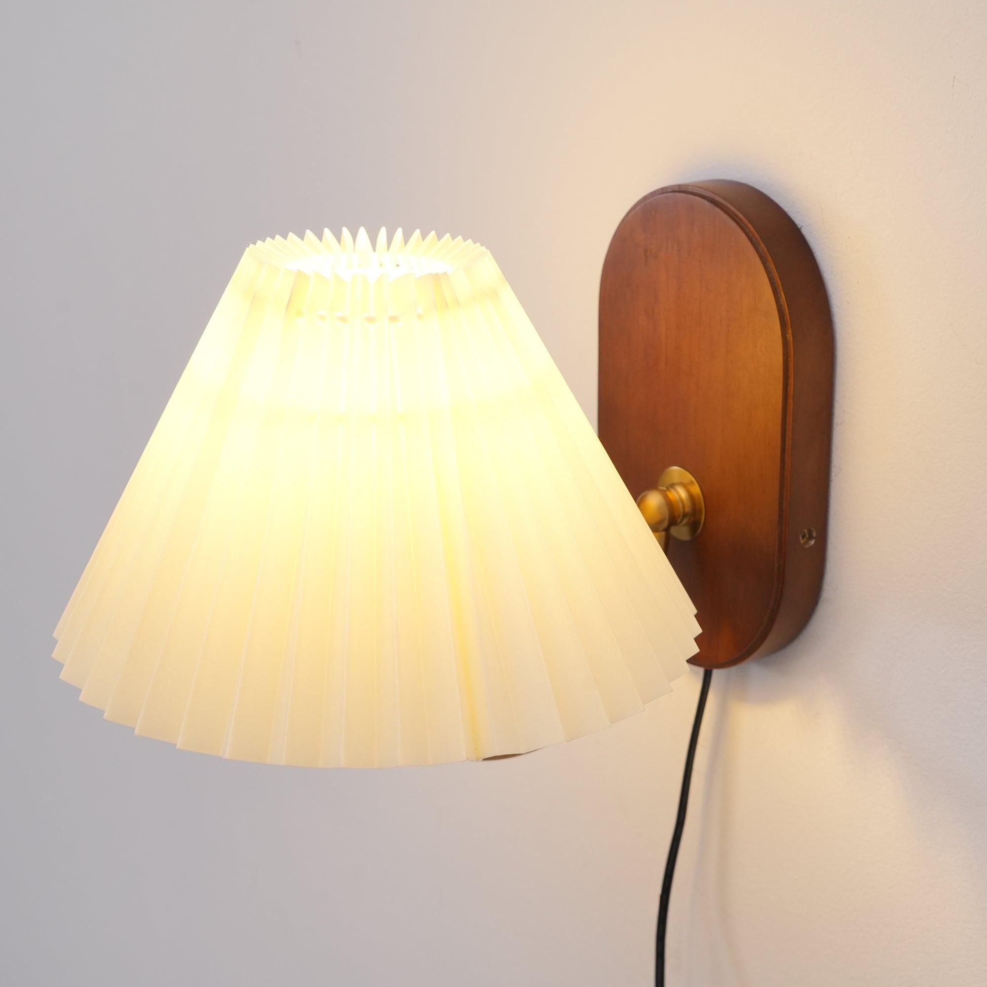 Wall Lamp Metal And Walnut 12.2 in White Fabric Shade Plug In Living Room Bedroom Lighting Accent | Thomler