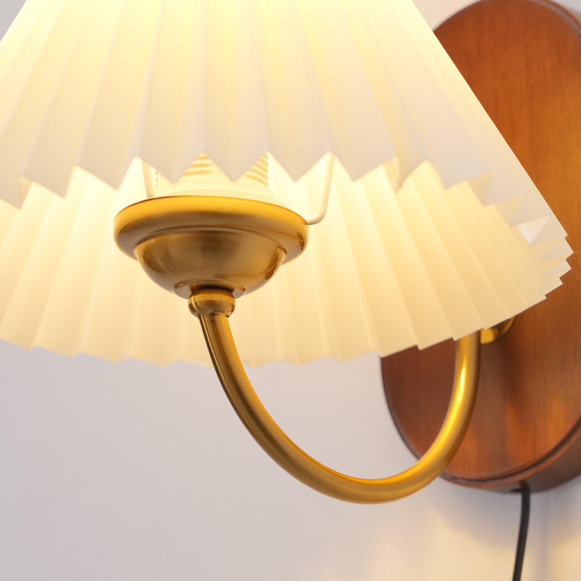 Wall Lamp Metal And Walnut 12.2 in White Fabric Shade Plug In Living Room Bedroom Lighting Accent | Thomler