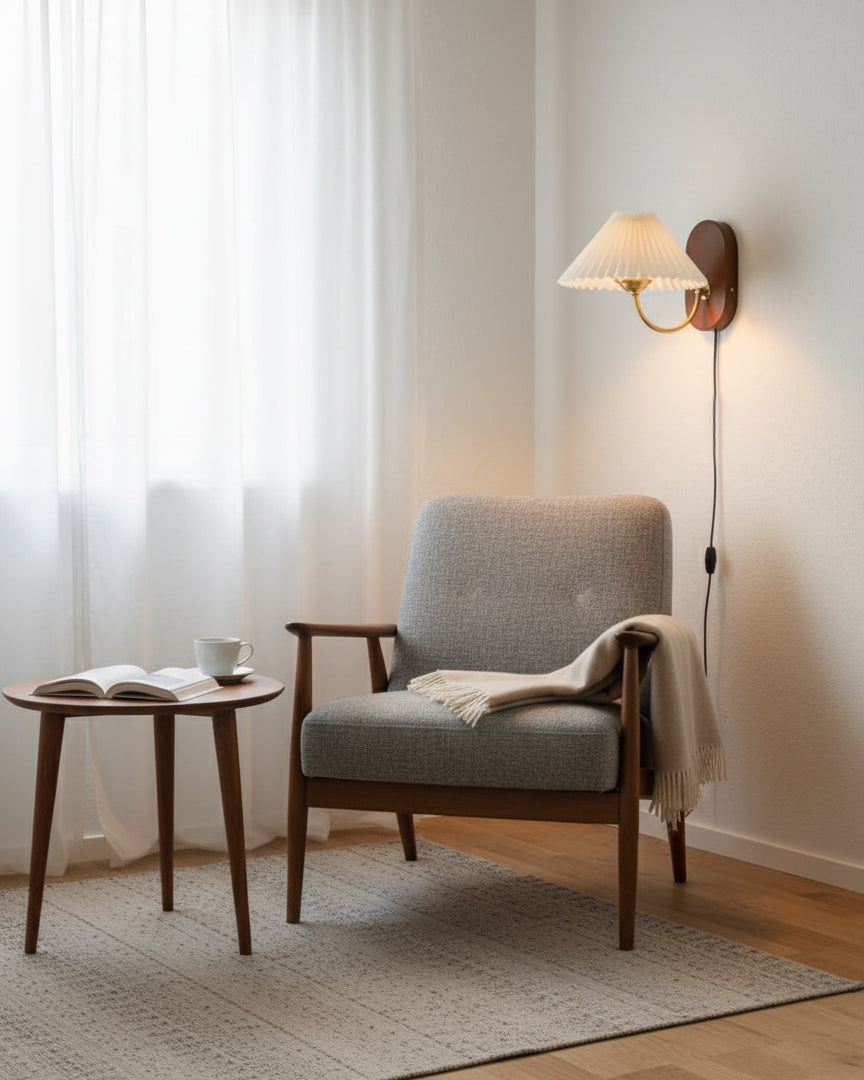 Wall Lamp Metal And Walnut 12.2 in White Fabric Shade Plug In Living Room Bedroom Lighting Accent | Thomler