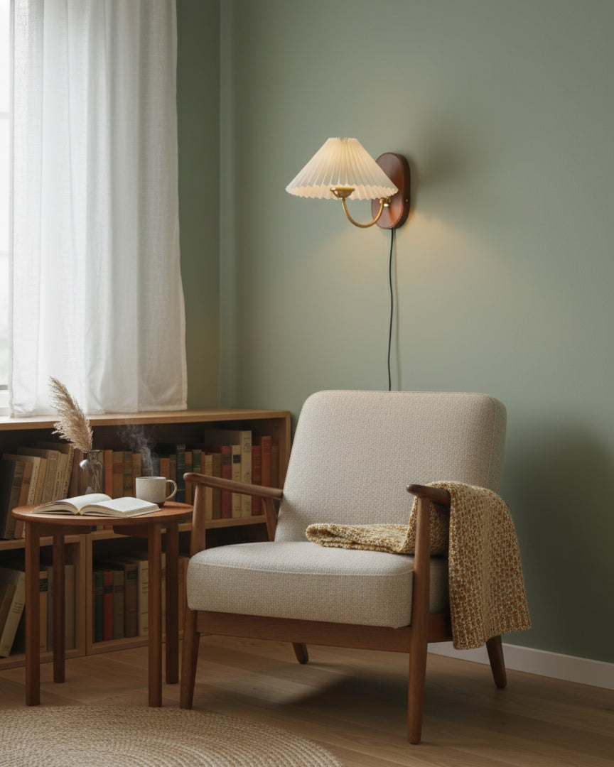 Wall Lamp Metal And Walnut 12.2 in White Fabric Shade Plug In Living Room Bedroom Lighting Accent | Thomler