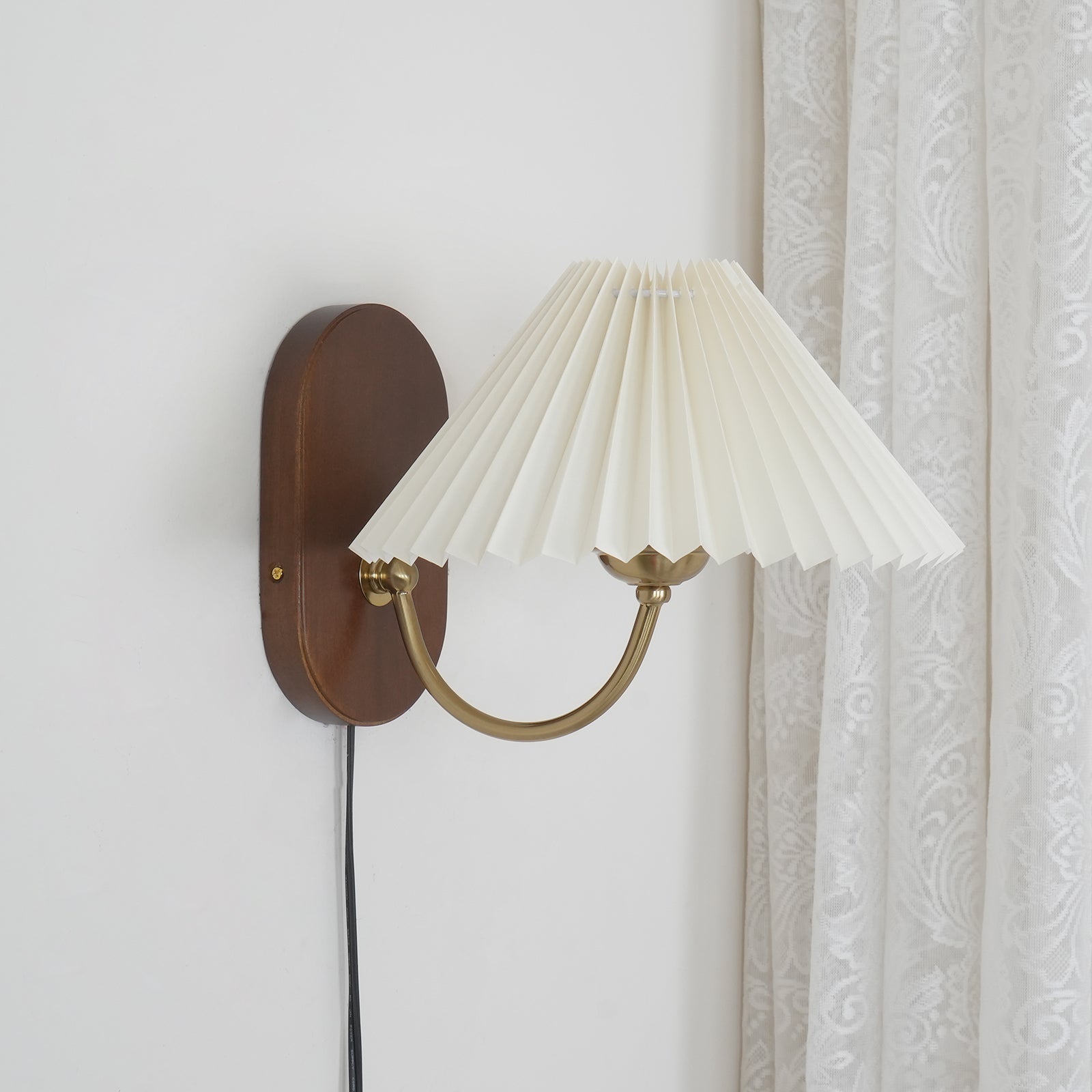 Wall Lamp Metal And Walnut 12.2 in White Fabric Shade Plug In Living Room Bedroom Lighting Accent | Thomler