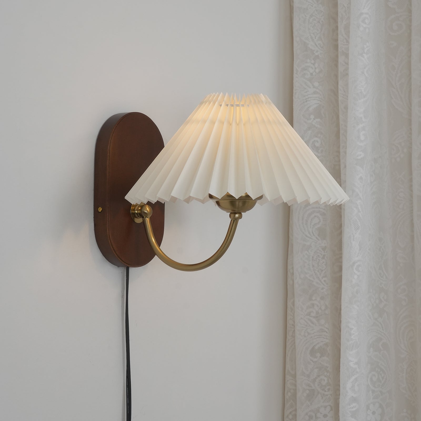 Wall Lamp Metal And Walnut 12.2 in White Fabric Shade Plug In Living Room Bedroom Lighting Accent | Thomler