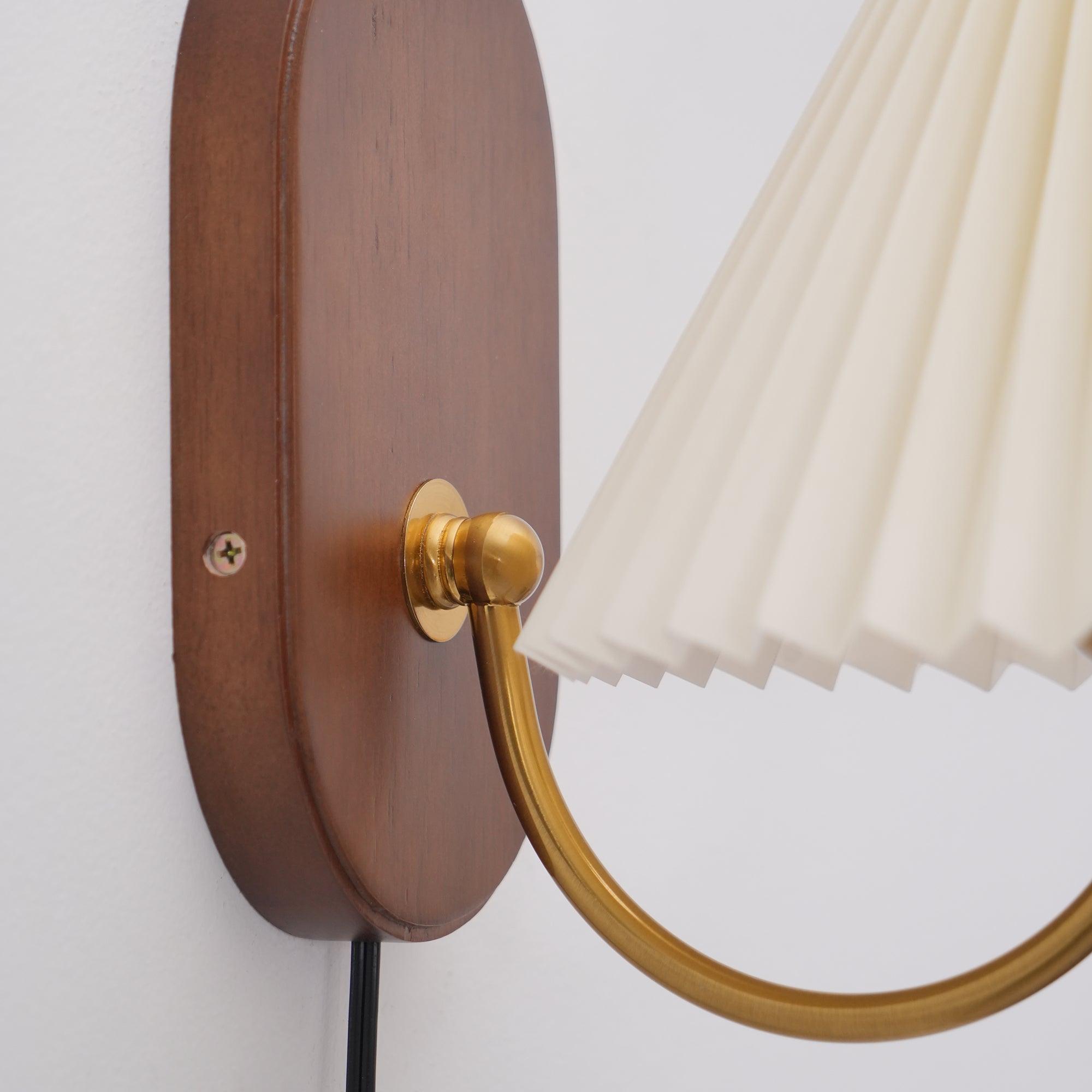 Wall Lamp Metal And Walnut 12.2 in White Fabric Shade Plug In Living Room Bedroom Lighting Accent | Thomler