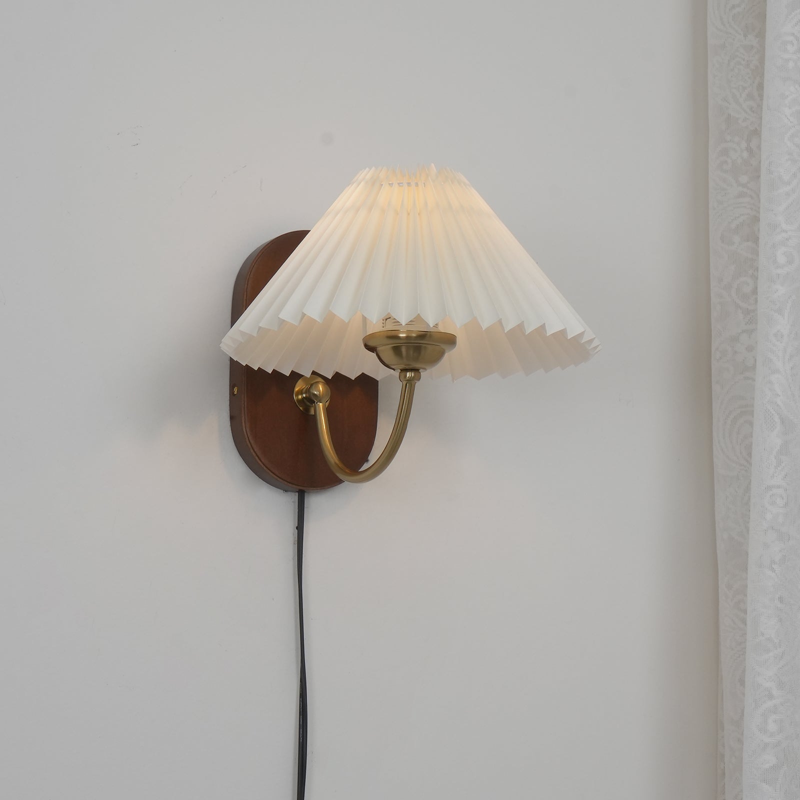 Wall Lamp Metal And Walnut 12.2 in White Fabric Shade Plug In Living Room Bedroom Lighting Accent | Thomler