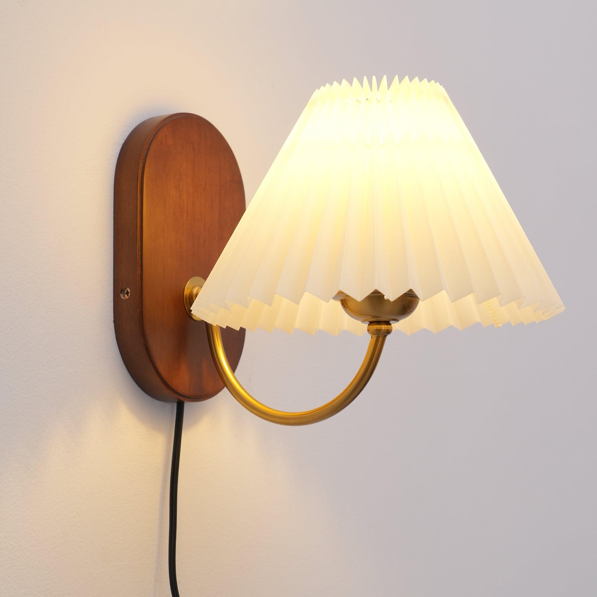 Wall Lamp Metal And Walnut 12.2 in White Fabric Shade Plug In Living Room Bedroom Lighting Accent | Thomler