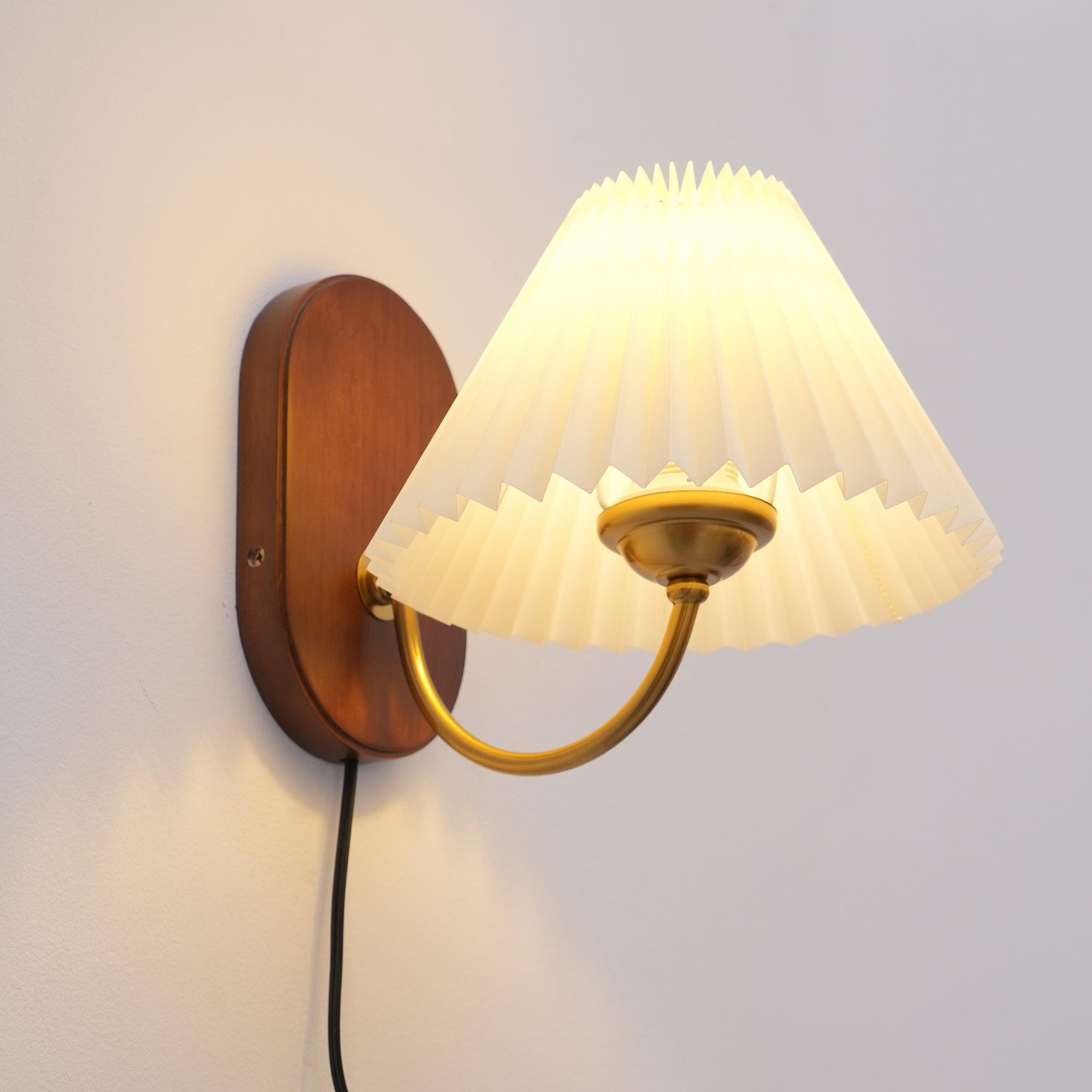 Wall Lamp Metal And Walnut 12.2 in White Fabric Shade Plug In Living Room Bedroom Lighting Accent | Thomler