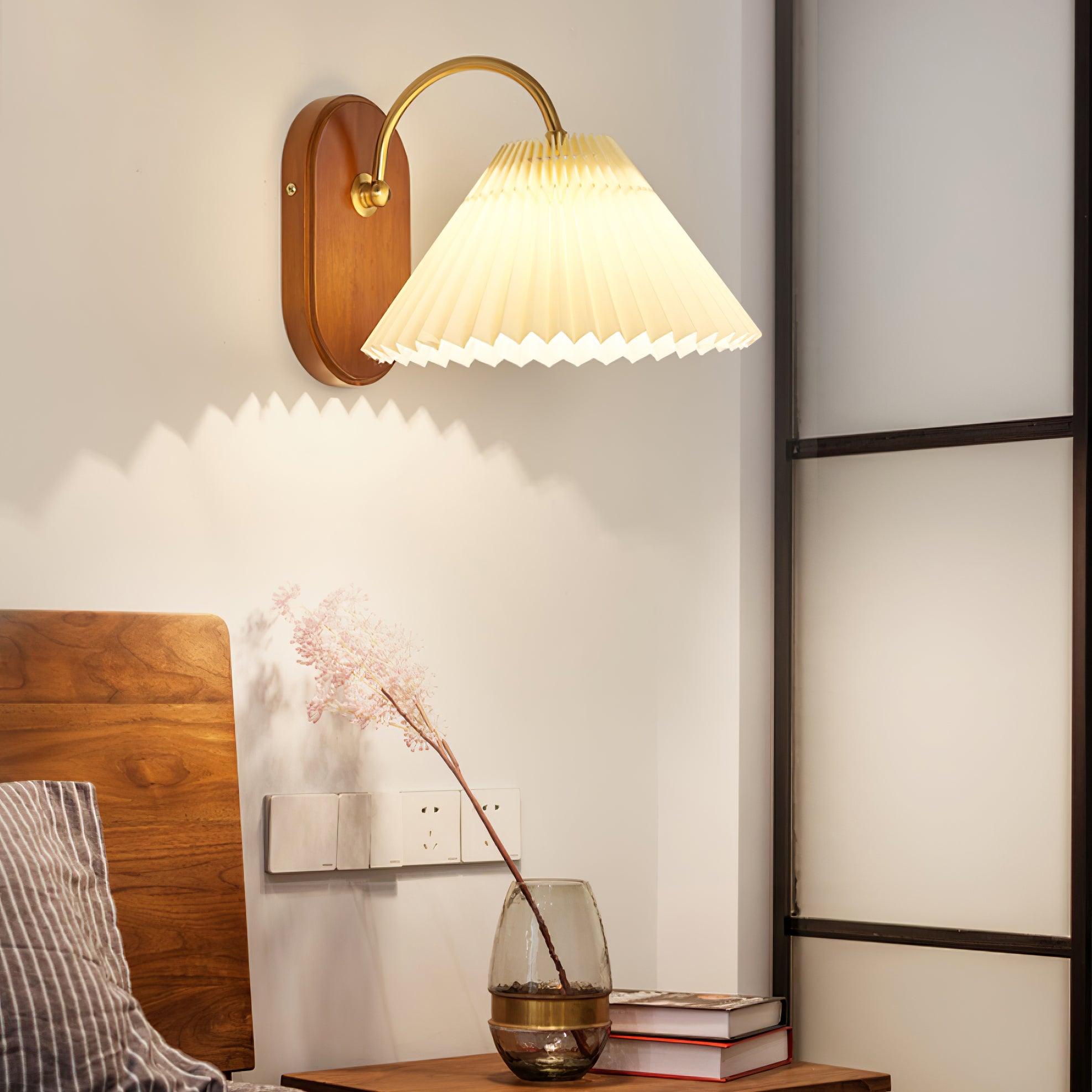 Wall Lamp Metal And Walnut 12.2 in White Fabric Shade Plug In Living Room Bedroom Lighting Accent | Thomler