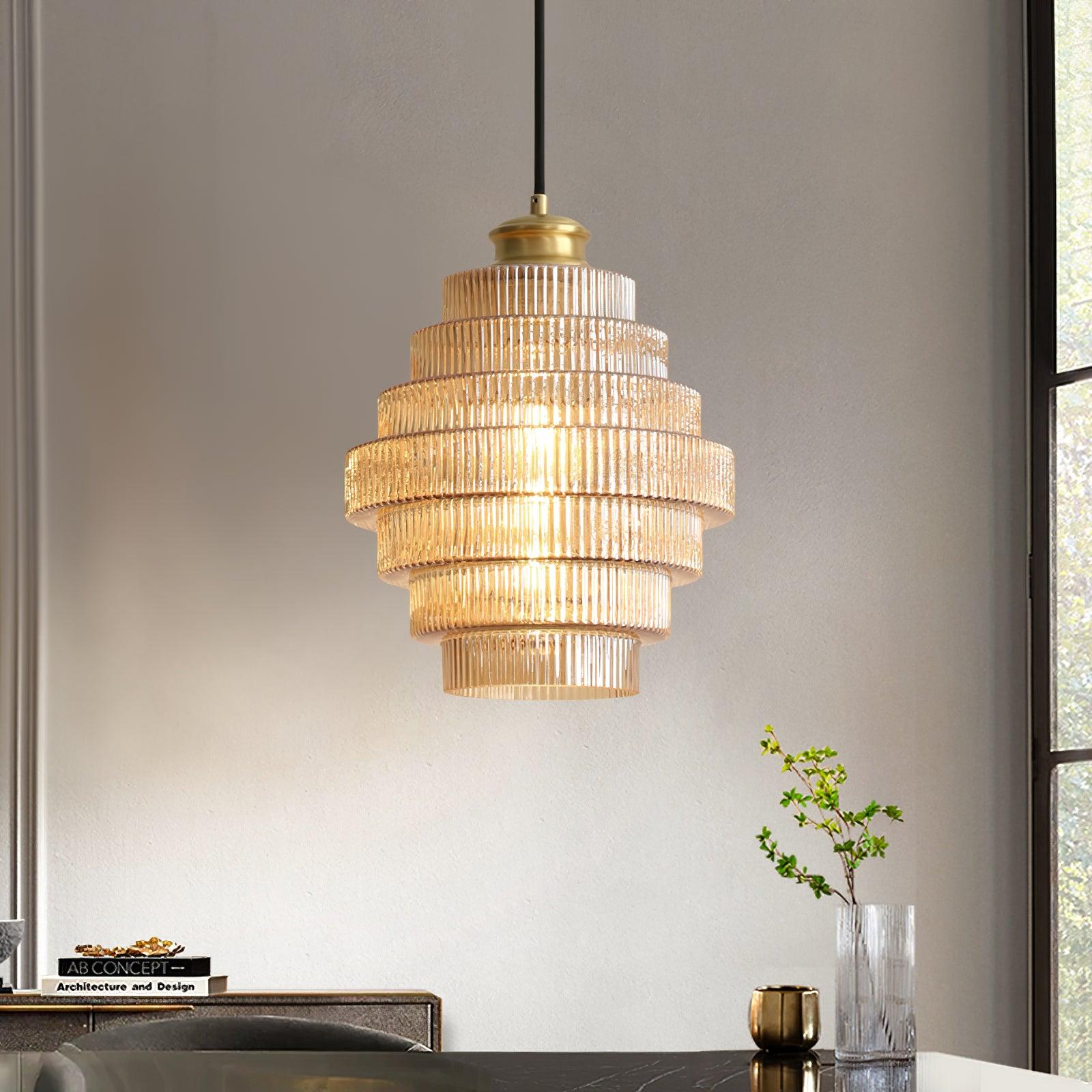 Pendant Light Glass Multi-Tier 9.8 in Amber or Smoke Gray Living Room Dining Area Modern Chandelier Ceiling Lamp | Thomler