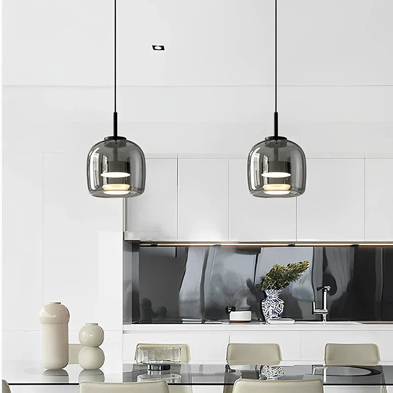 Glass Drop Ceiling Pendant Light with LED – Smoky Gray & Amber Finishes for Dining Room & Living Room | Thomler