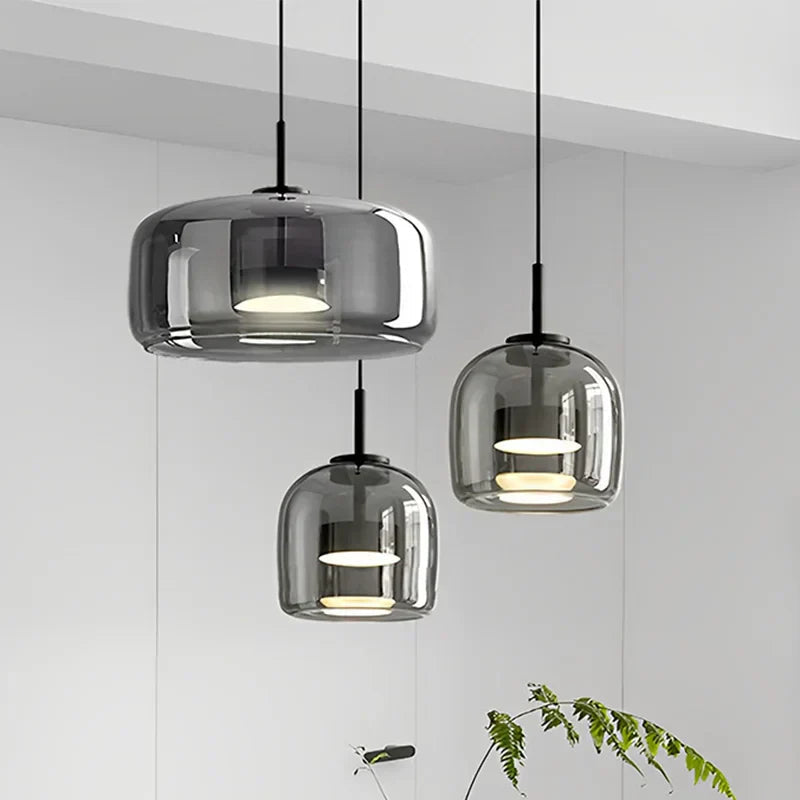 Glass Drop Ceiling Pendant Light with LED – Smoky Gray & Amber Finishes for Dining Room & Living Room | Thomler