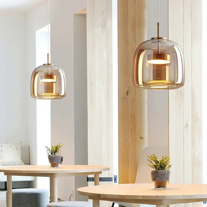 Glass Drop Ceiling Pendant Light with LED – Smoky Gray & Amber Finishes for Dining Room & Living Room | Thomler