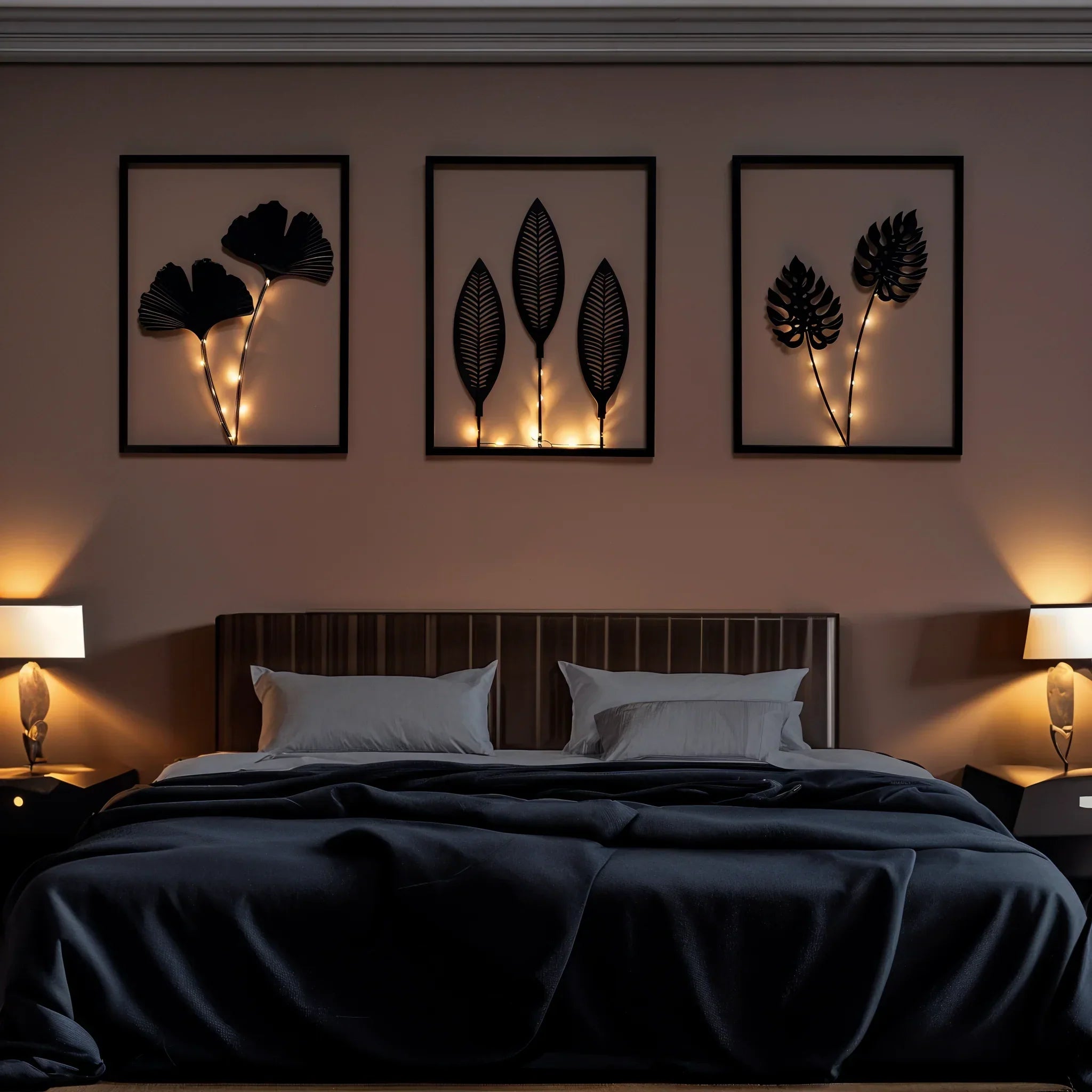 Battery-Powered LED Leaf Frame Light Set for Home Decor 3-Piece Black Metal Botanical Display for Shelves Tables Nightstand Ambiance | Thomler