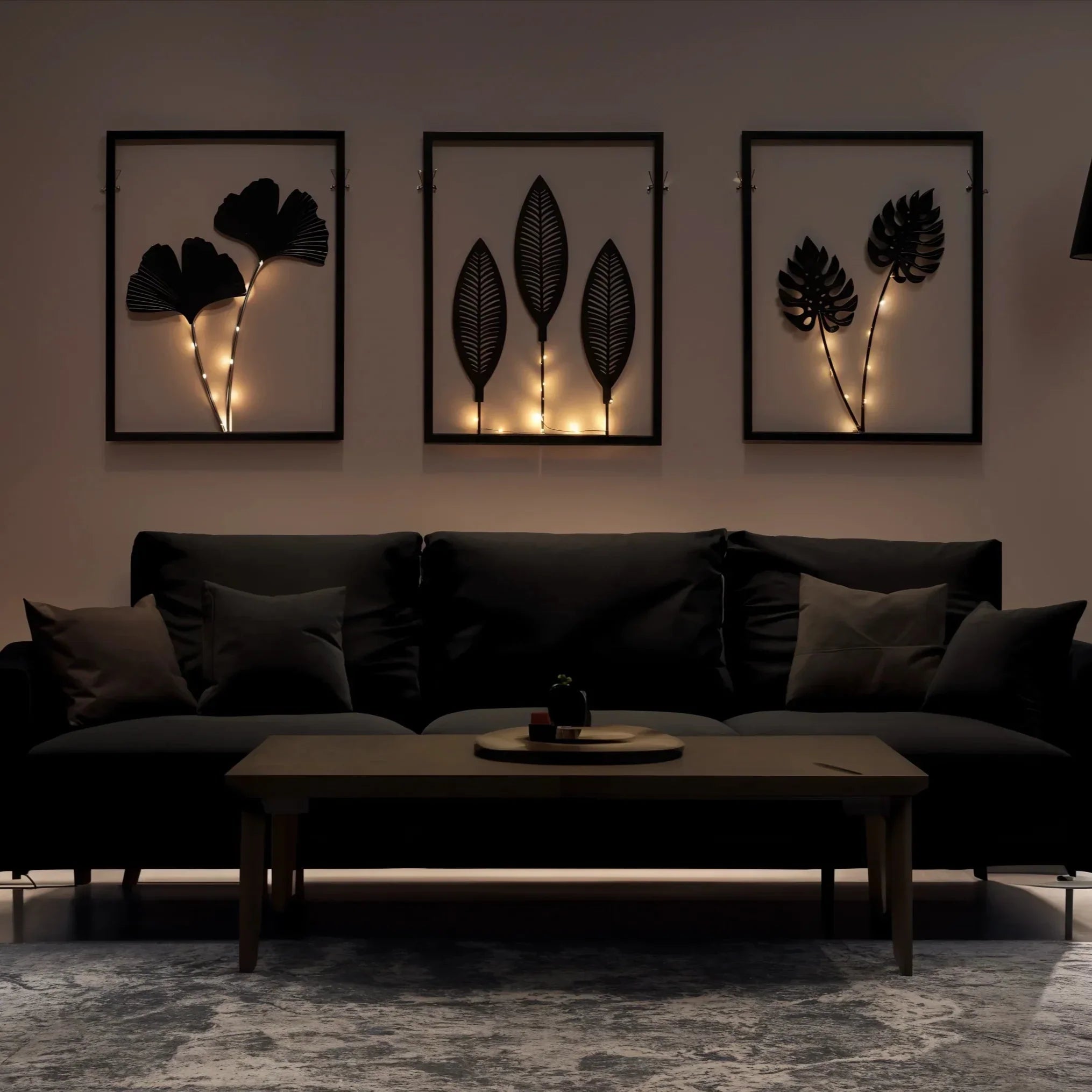 Battery-Powered LED Leaf Frame Light Set for Home Decor 3-Piece Black Metal Botanical Display for Shelves Tables Nightstand Ambiance | Thomler