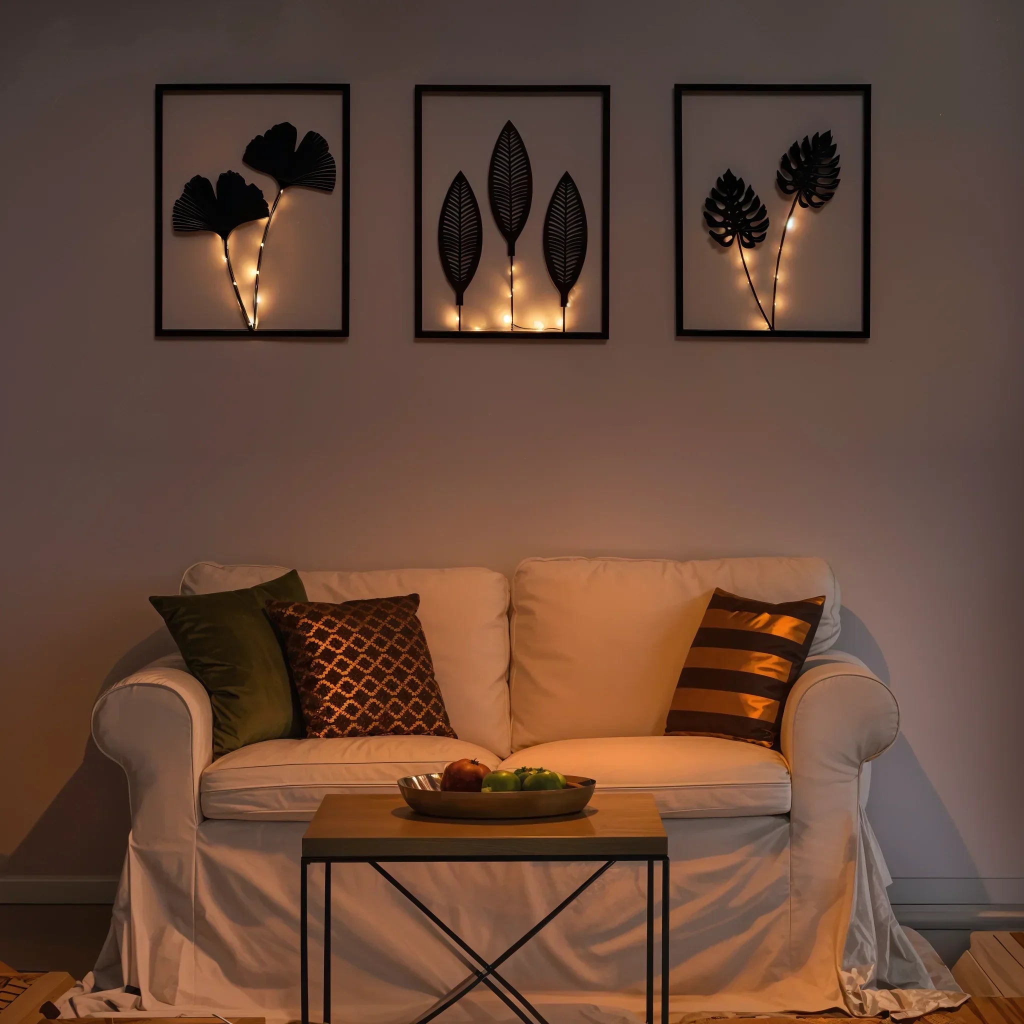 Battery-Powered LED Leaf Frame Light Set for Home Decor 3-Piece Black Metal Botanical Display for Shelves Tables Nightstand Ambiance | Thomler