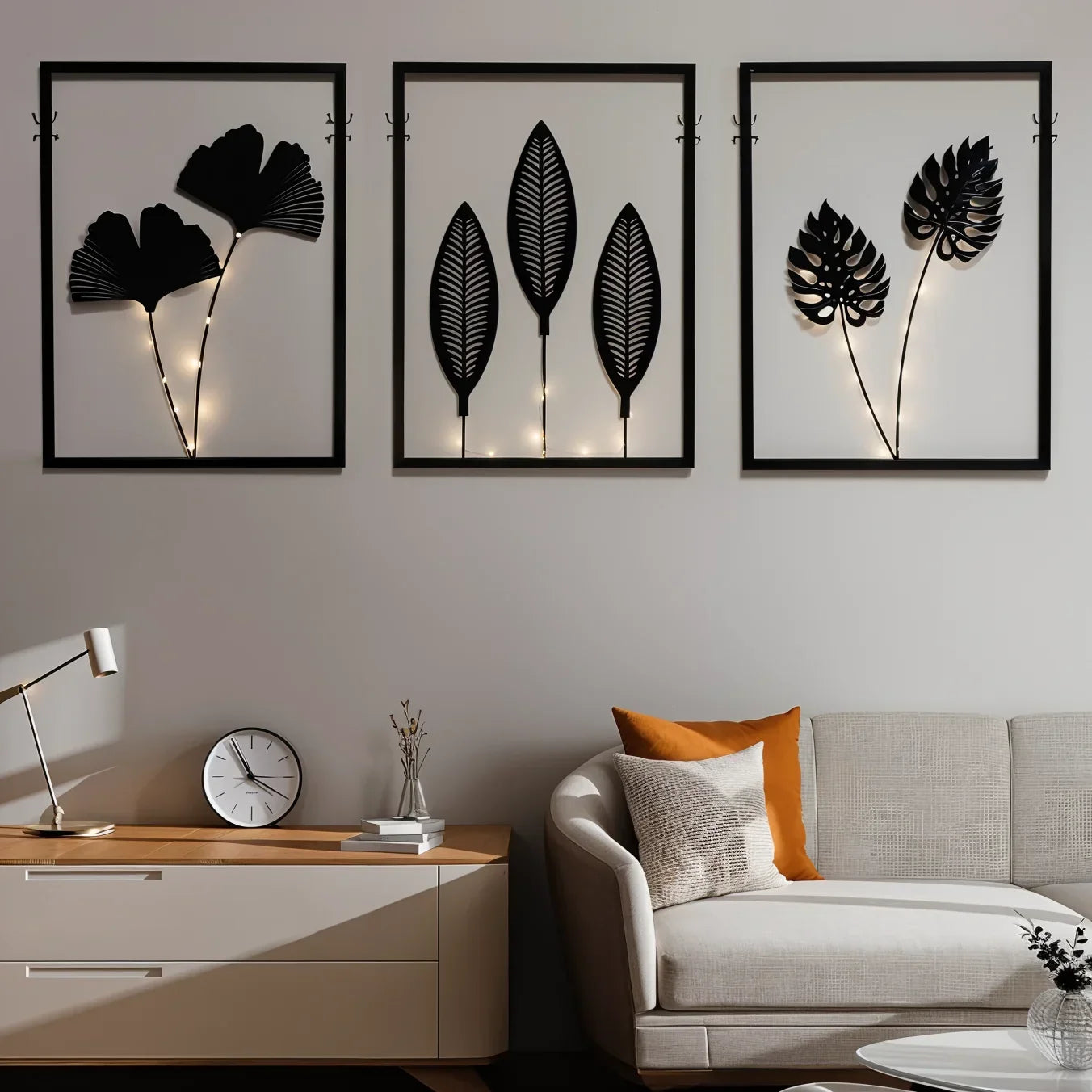 Battery-Powered LED Leaf Frame Light Set for Home Decor 3-Piece Black Metal Botanical Display for Shelves Tables Nightstand Ambiance | Thomler