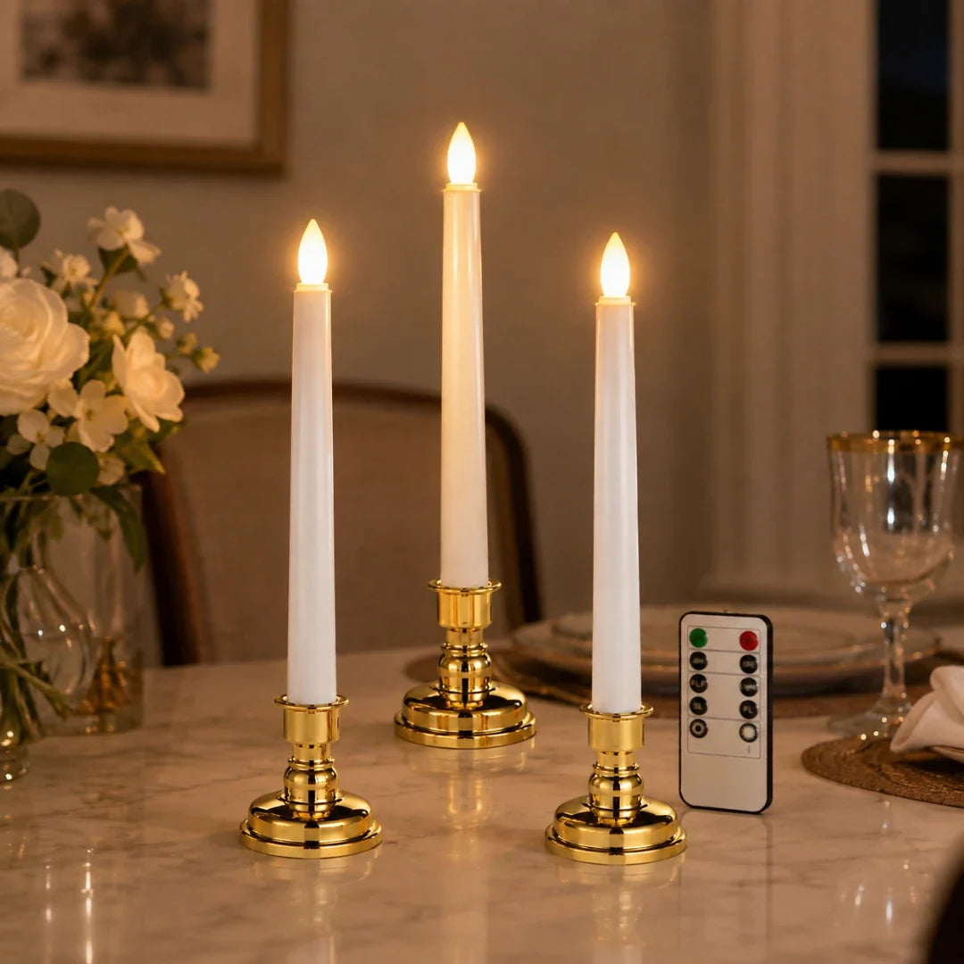 Flameless Electric Taper Candles with Remote – Realistic Flickering LED Pillar Light Set for Dining Room & Home Decor | Thomler