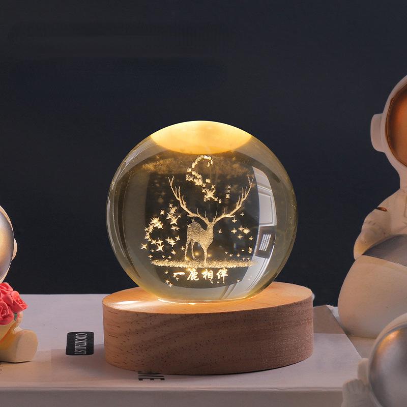 LED Glass Sphere Desk Lamp with 3D Laser-Etched Design on Wood Base | Night Light for Bedside, Living Room & Kids' Bedroom Décor | USB | Thomler