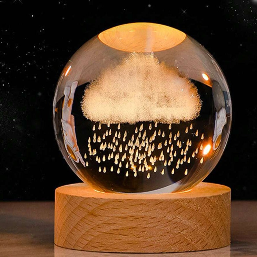 LED Glass Sphere Desk Lamp with 3D Laser-Etched Design on Wood Base | Night Light for Bedside, Living Room & Kids' Bedroom Décor | USB | Thomler