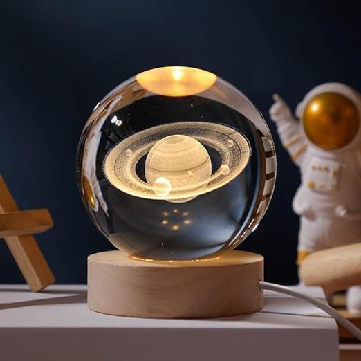 LED Glass Sphere Desk Lamp with 3D Laser-Etched Design on Wood Base | Night Light for Bedside, Living Room & Kids' Bedroom Décor | USB | Thomler