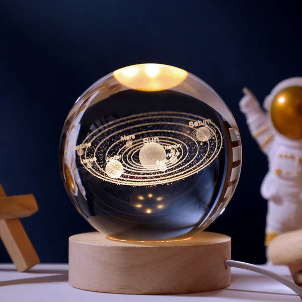 LED Glass Sphere Desk Lamp with 3D Laser-Etched Design on Wood Base | Night Light for Bedside, Living Room & Kids' Bedroom Décor | USB | Thomler