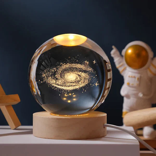 LED Glass Sphere Desk Lamp with 3D Laser-Etched Design on Wood Base | Night Light for Bedside, Living Room & Kids' Bedroom Décor | USB | Thomler