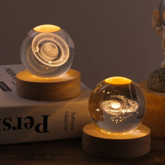 LED Glass Sphere Desk Lamp with 3D Laser-Etched Design on Wood Base | Night Light for Bedside, Living Room & Kids' Bedroom Décor | USB | Thomler