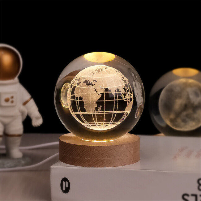 LED Glass Sphere Desk Lamp with 3D Laser-Etched Design on Wood Base | Night Light for Bedside, Living Room & Kids' Bedroom Décor | USB | Thomler